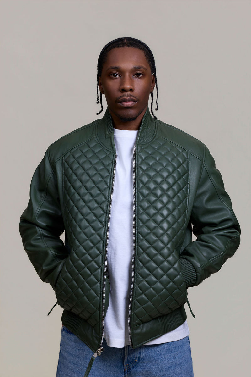 Men's Lucas Quilted Leather Bomber Jacket [Military Green]