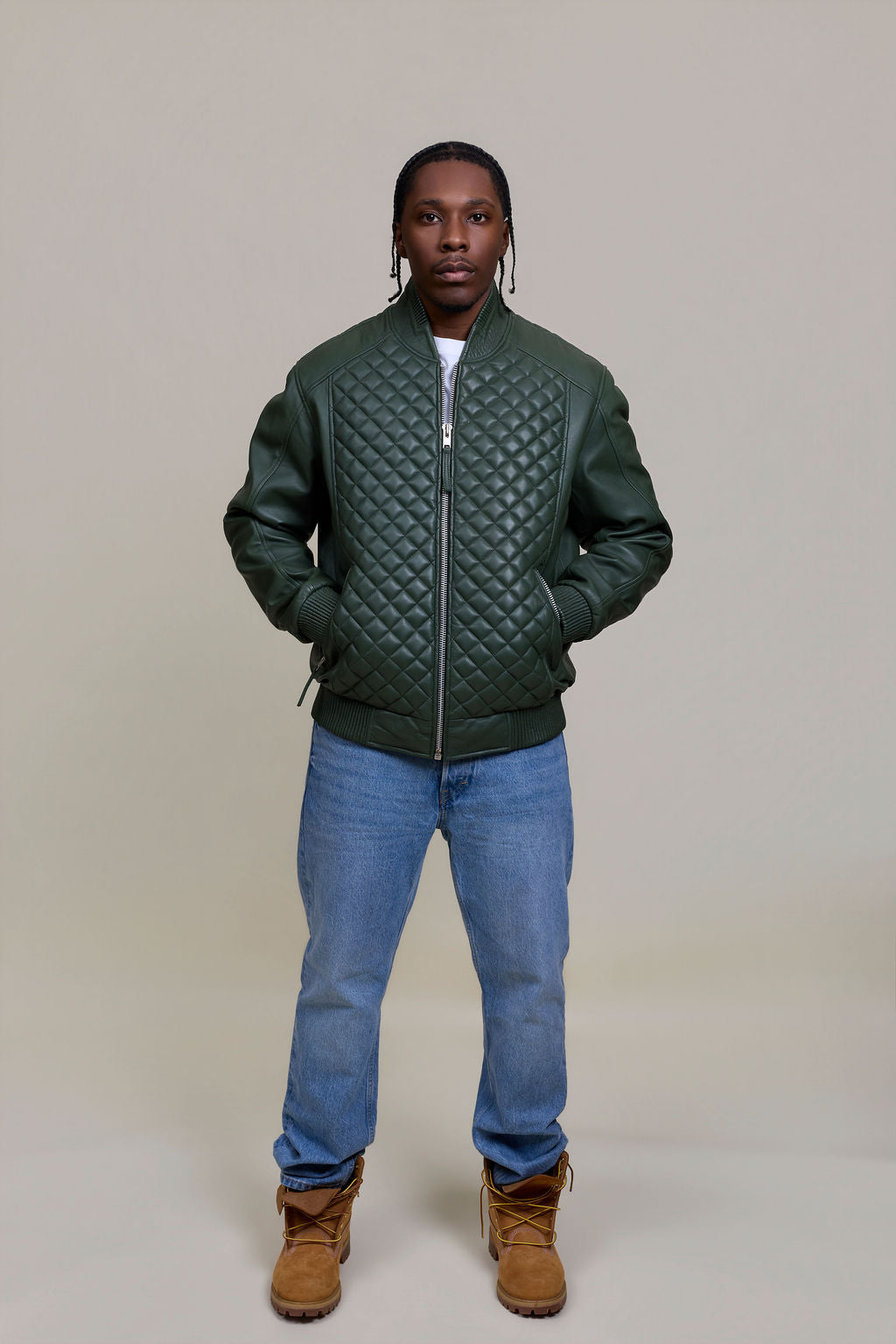 Men's Lucas Quilted Leather Bomber Jacket [Military Green]