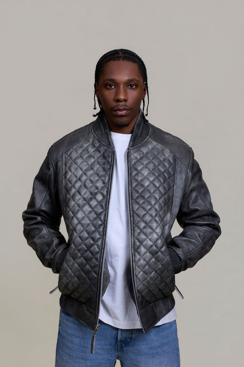 Men's Lucas Quilted Leather Bomber Jacket [Distressed Grey]