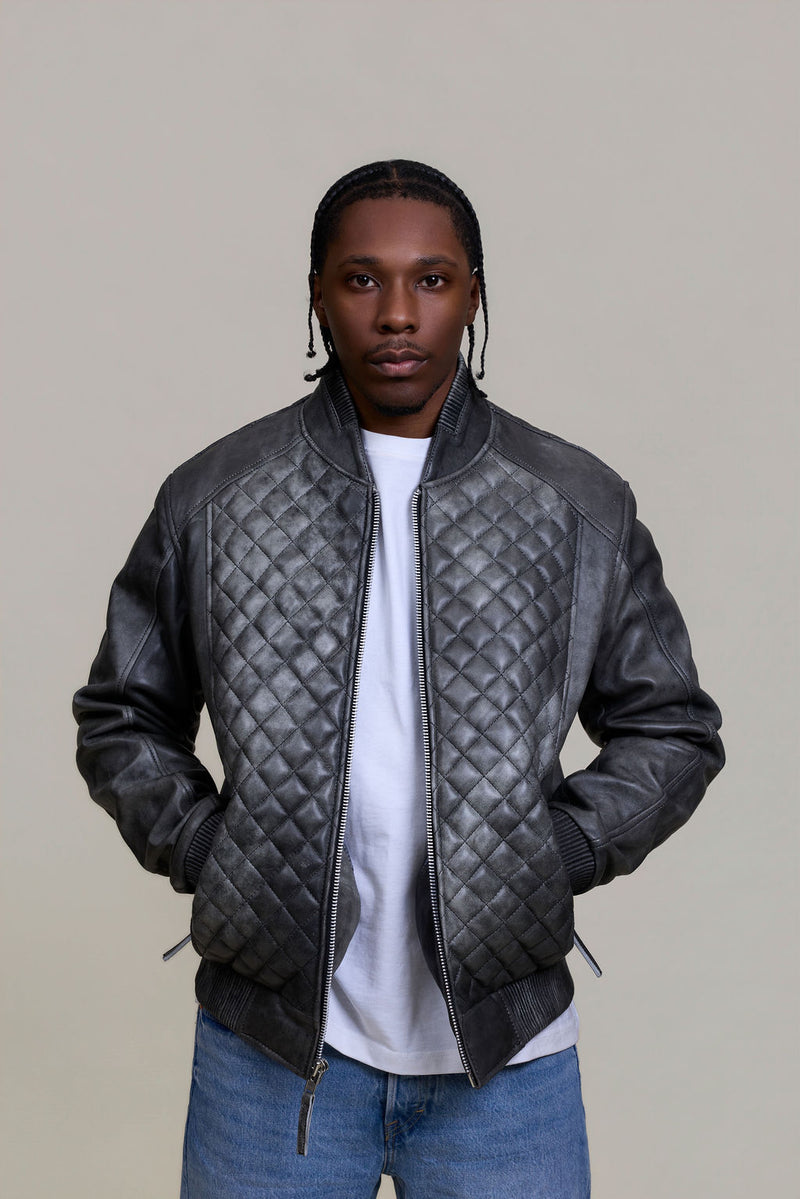 Men's Lucas Quilted Leather Bomber Jacket [Distressed Grey]