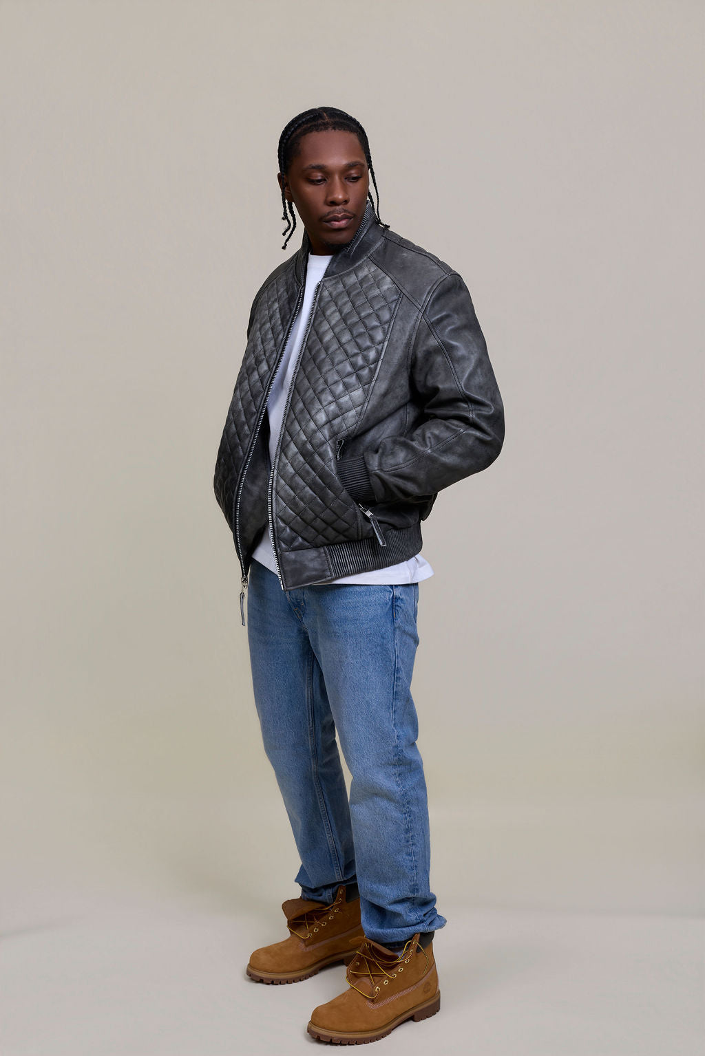 Men's Lucas Quilted Leather Bomber Jacket [Distressed Grey]