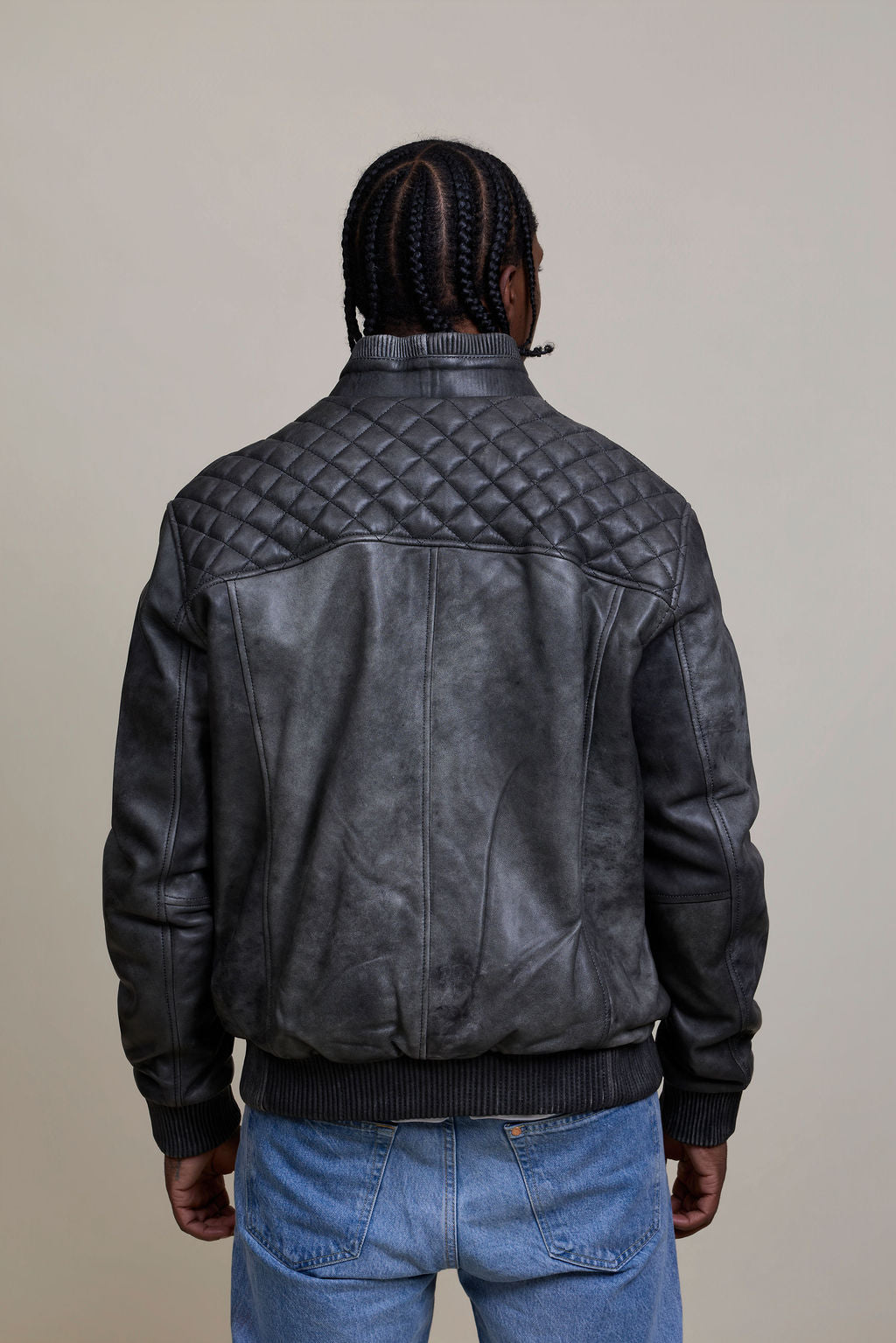 Men's Lucas Quilted Leather Bomber Jacket [Distressed Grey]