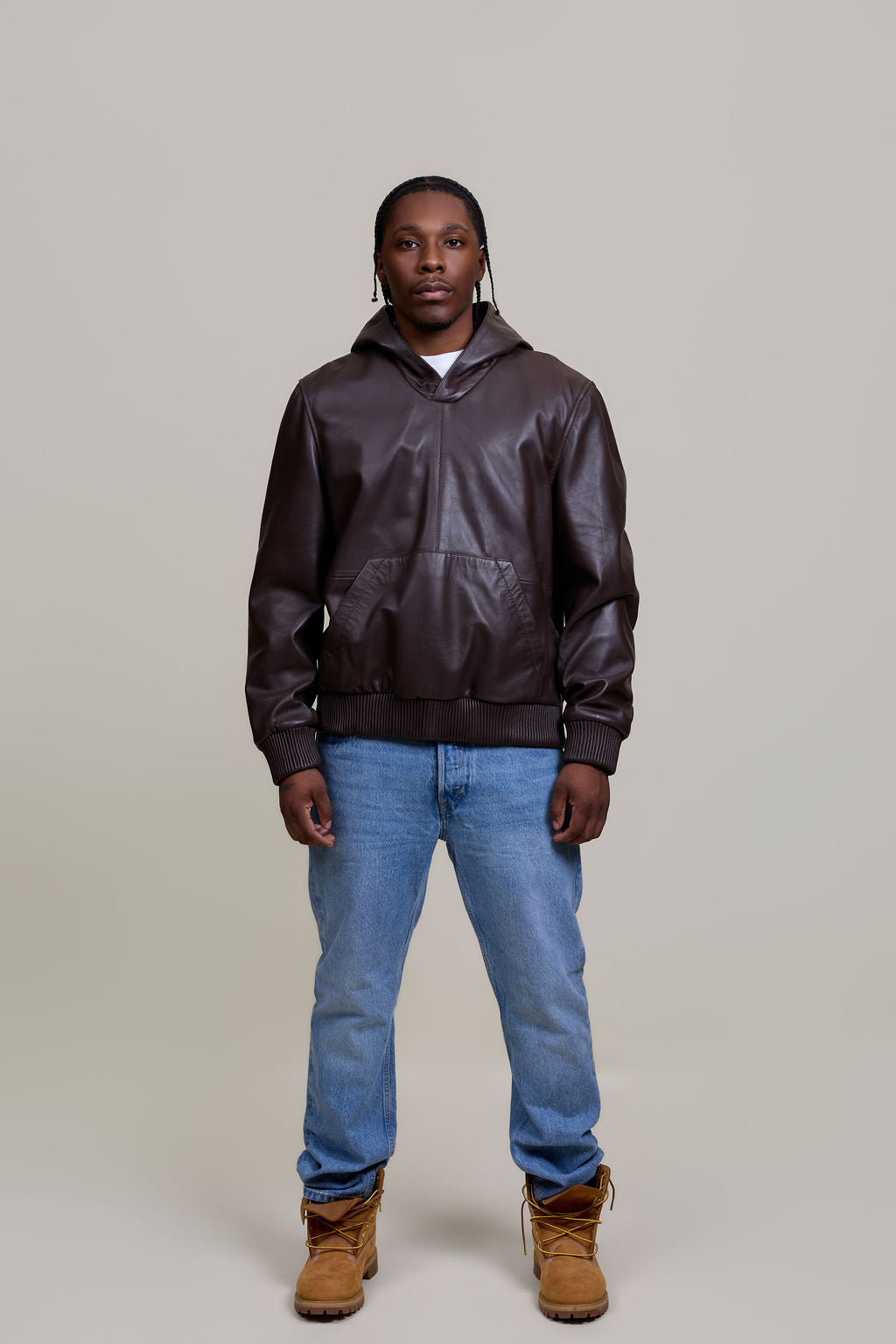 Men's Leather Pull-Over Hoodie [Chocolate]