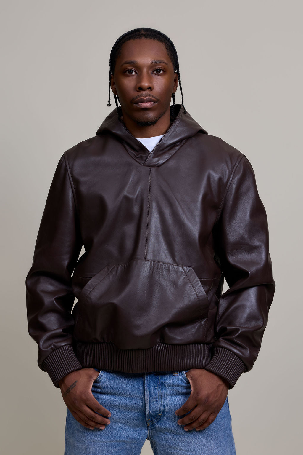 Men's Leather Pull-Over Hoodie [Chocolate]