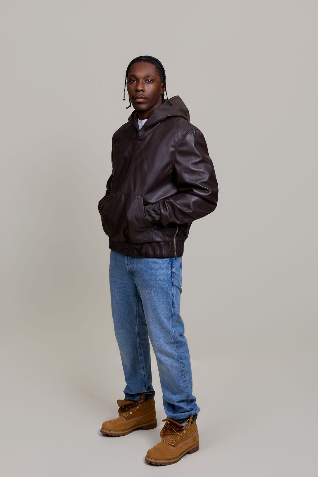 Men's Leather Pull-Over Hoodie [Chocolate]