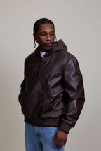 Men's Leather Pull-Over Hoodie [Chocolate]