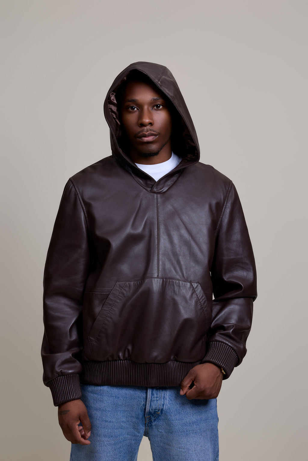 Men's Leather Pull-Over Hoodie [Chocolate]