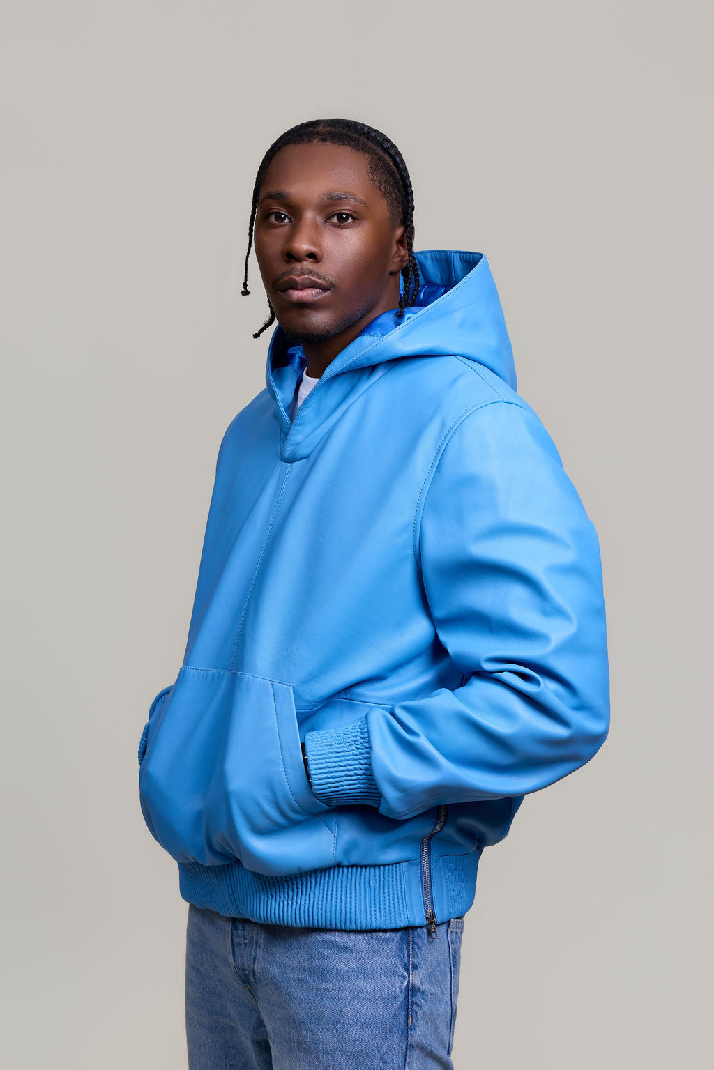 Men's Leather Pull-Over Hoodie [Baby Blue]