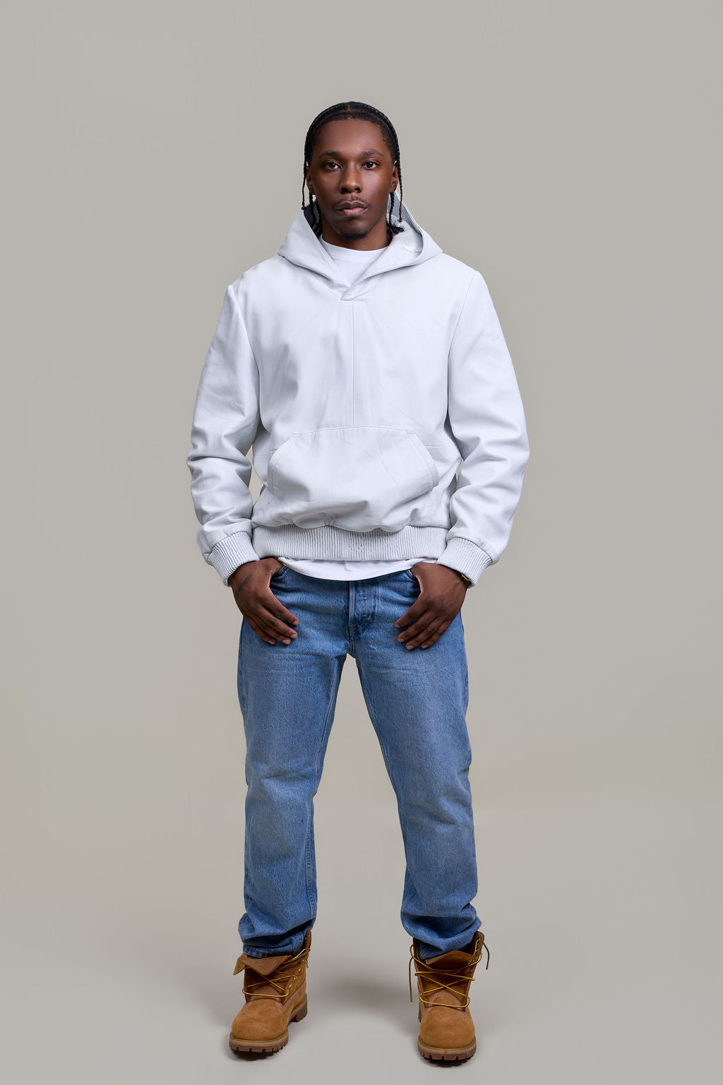 Men's Leather Pull-Over Hoodie [White]