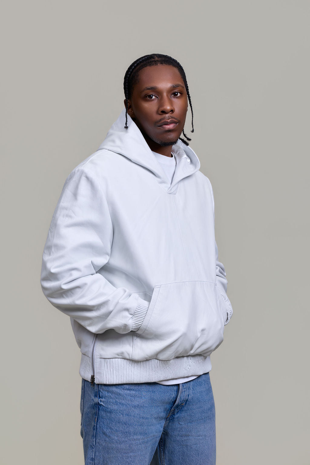 Men's Leather Pull-Over Hoodie [White]