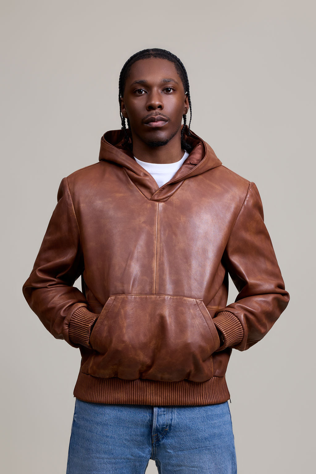 Men's Leather Pull-Over Hoodie [Caramel Crunch]