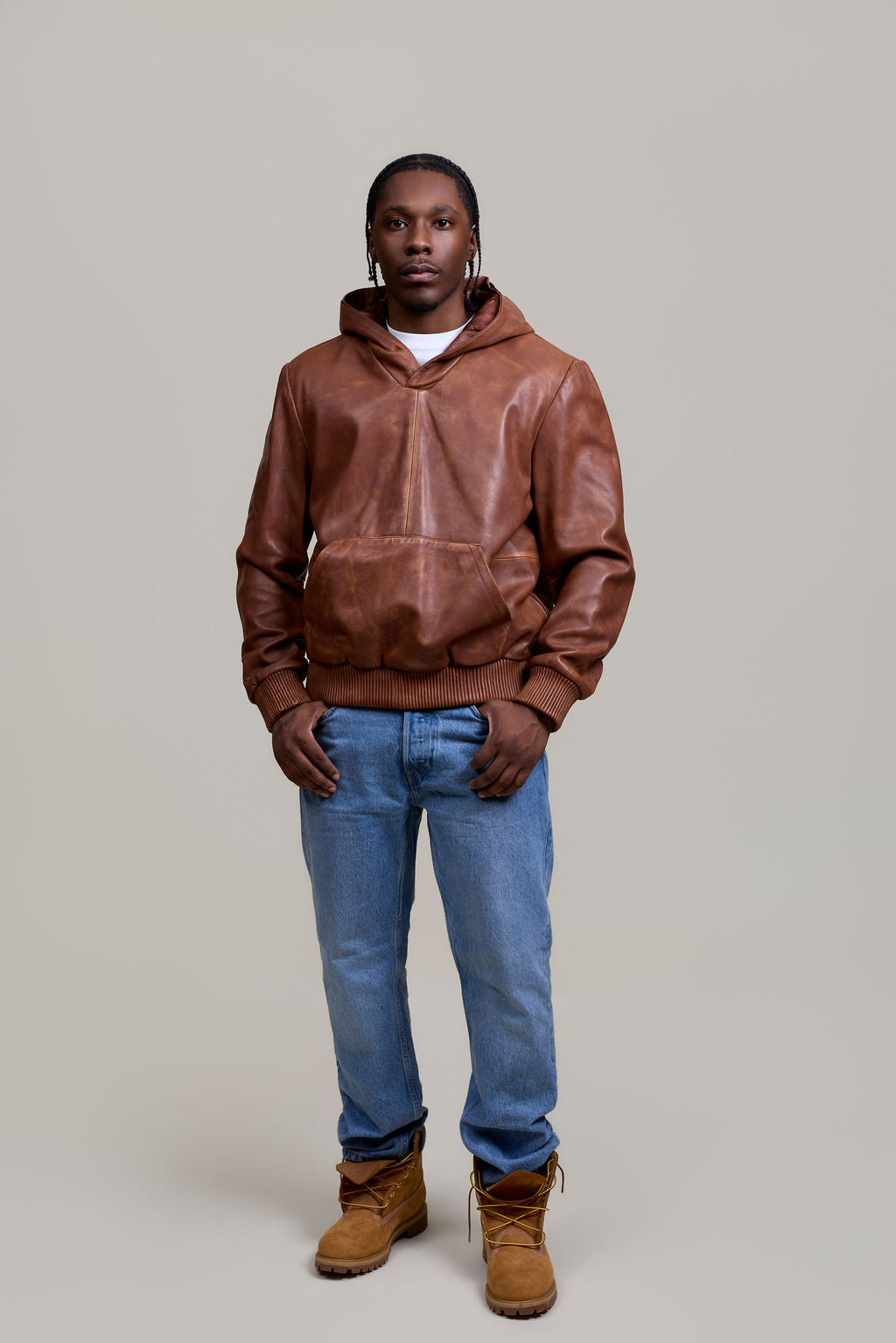 Men's Leather Pull-Over Hoodie [Caramel Crunch]