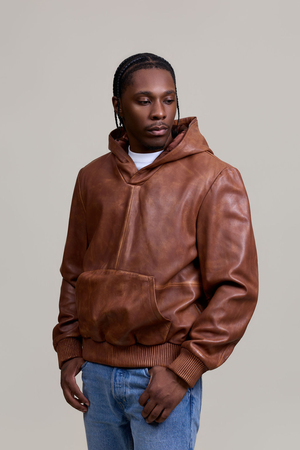 Men's Leather Pull-Over Hoodie [Caramel Crunch]