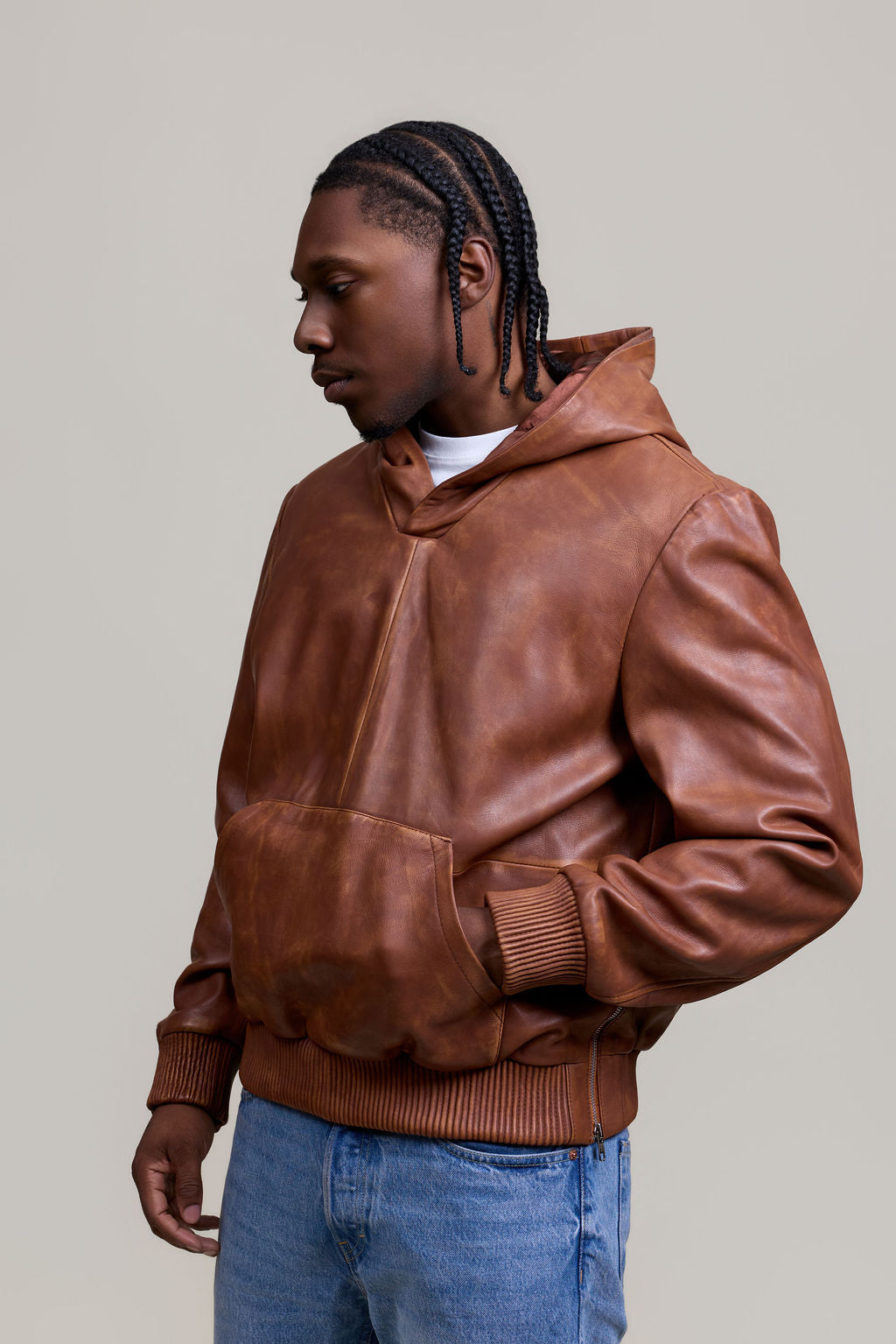 Men's Leather Pull-Over Hoodie [Caramel Crunch]