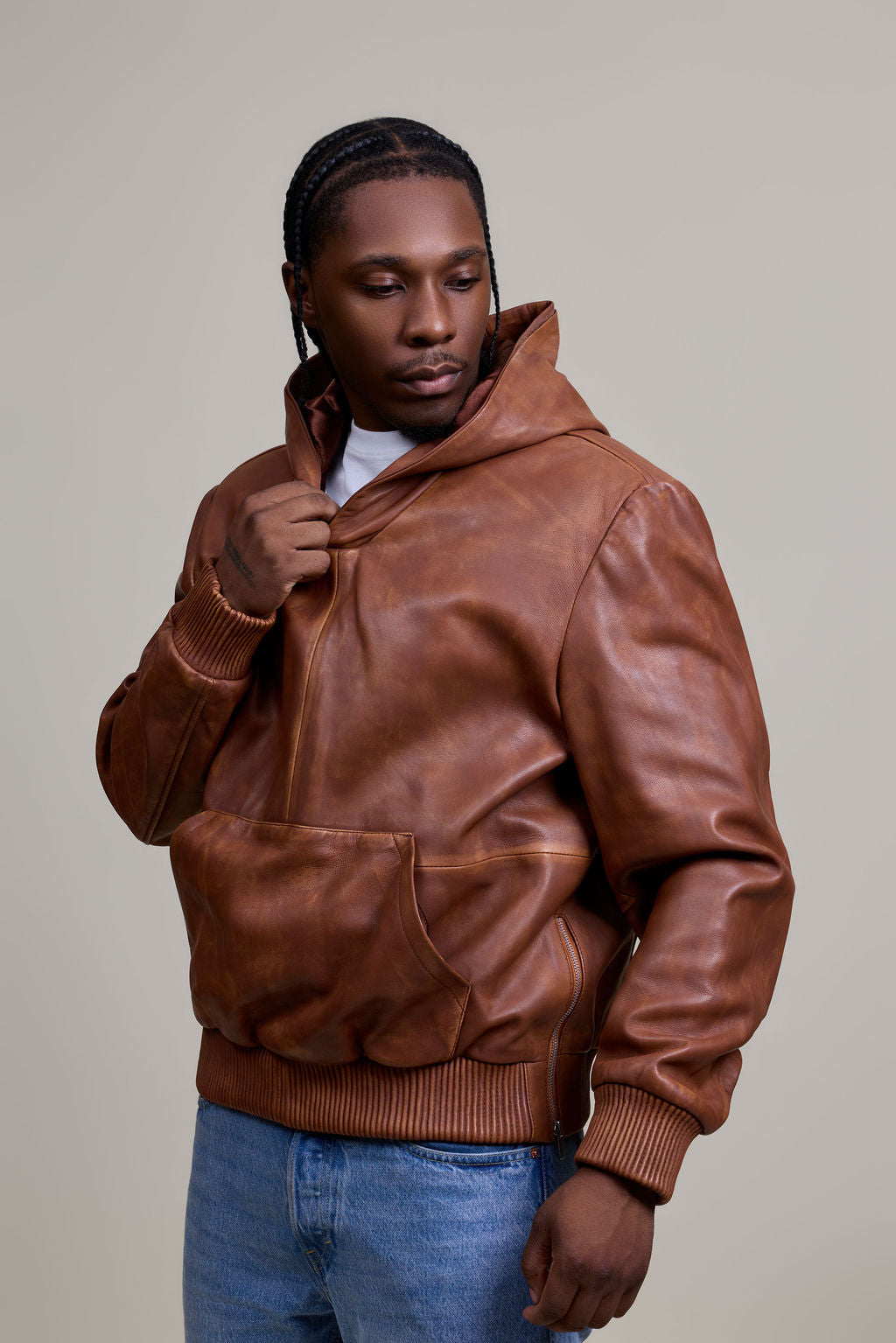 Men's Leather Pull-Over Hoodie [Caramel Crunch]