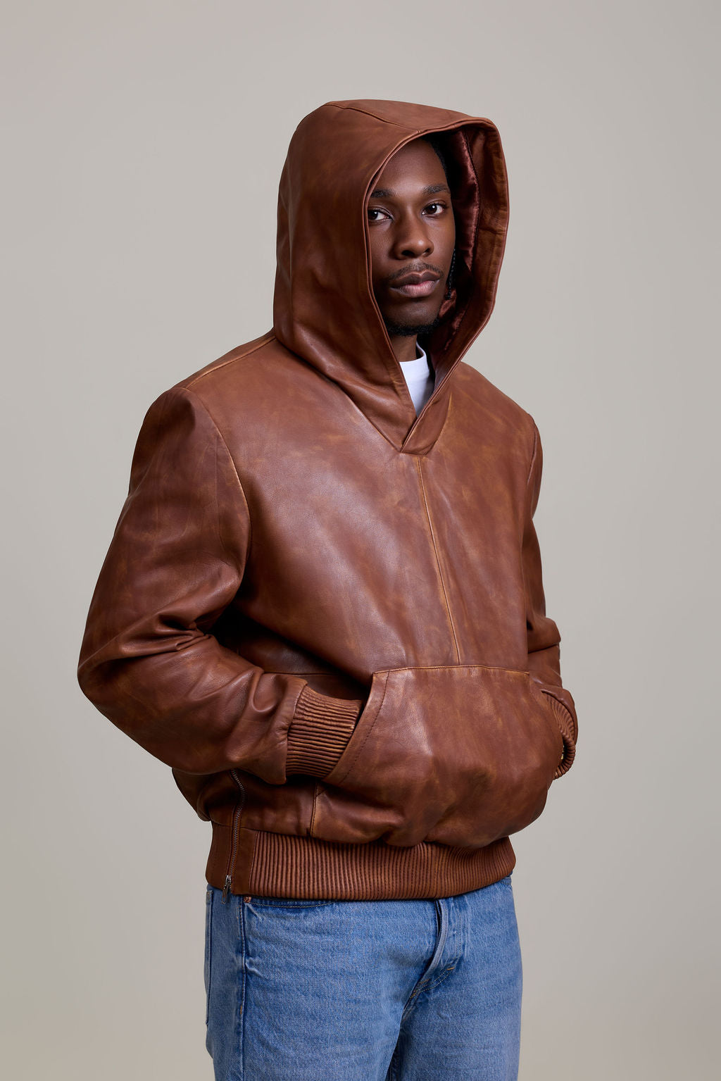 Men's Leather Pull-Over Hoodie [Caramel Crunch]