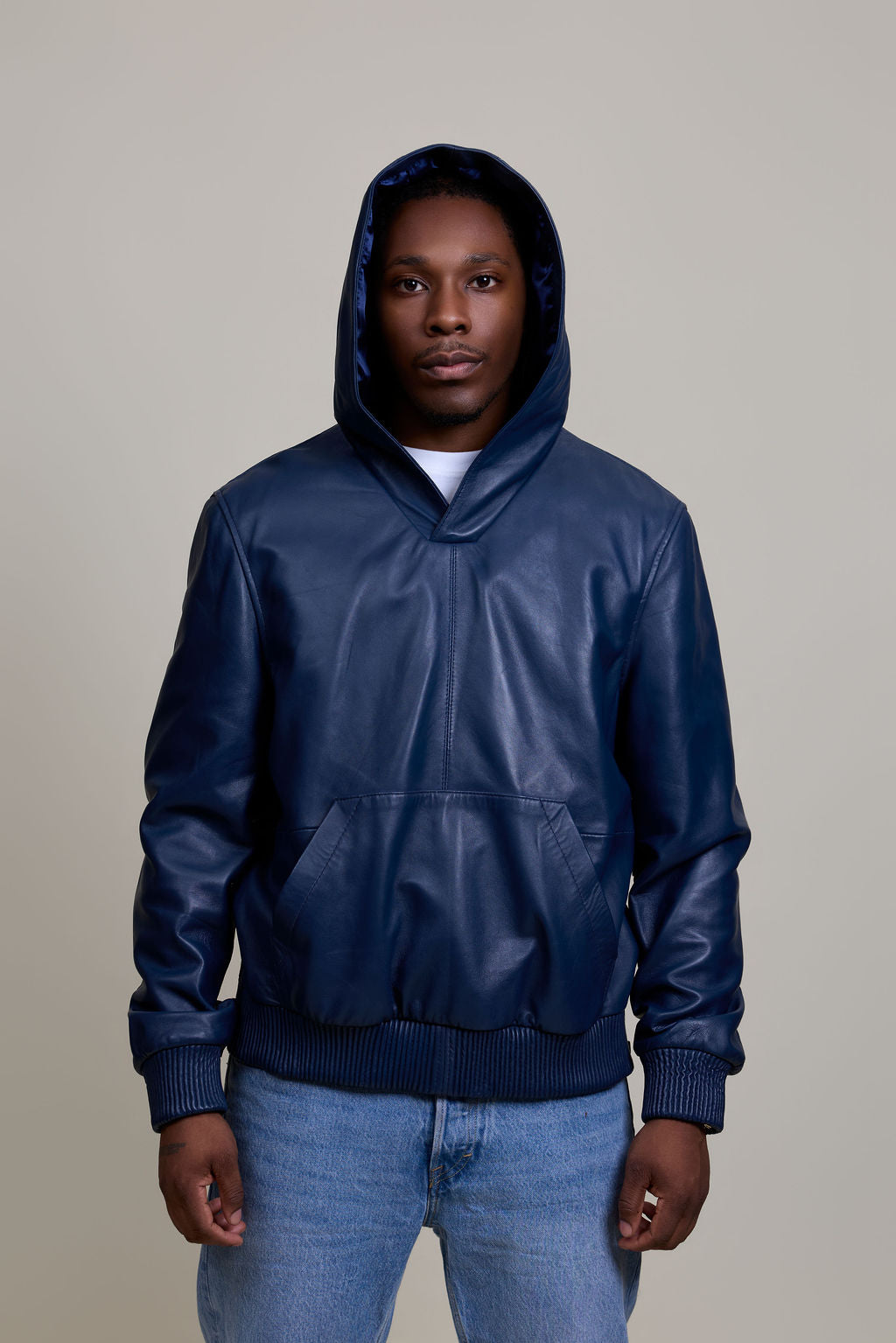 Men's Leather Pull-Over Hoodie [Navy]