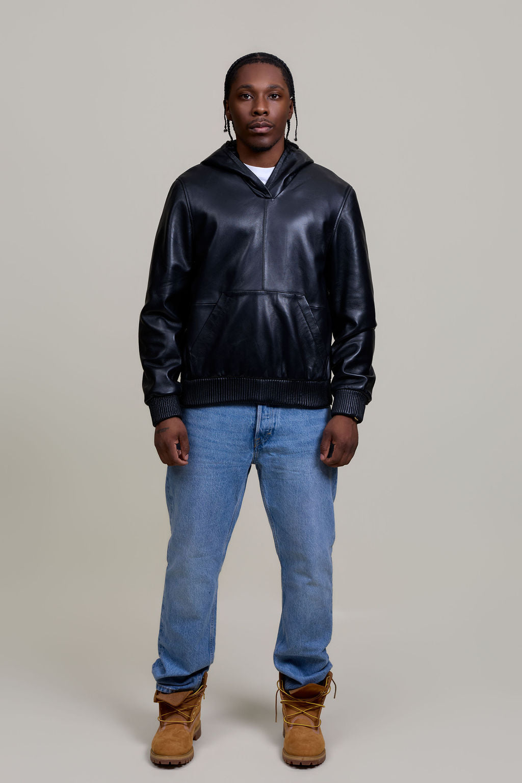 Men's Leather Pull-Over Hoodie [Black]