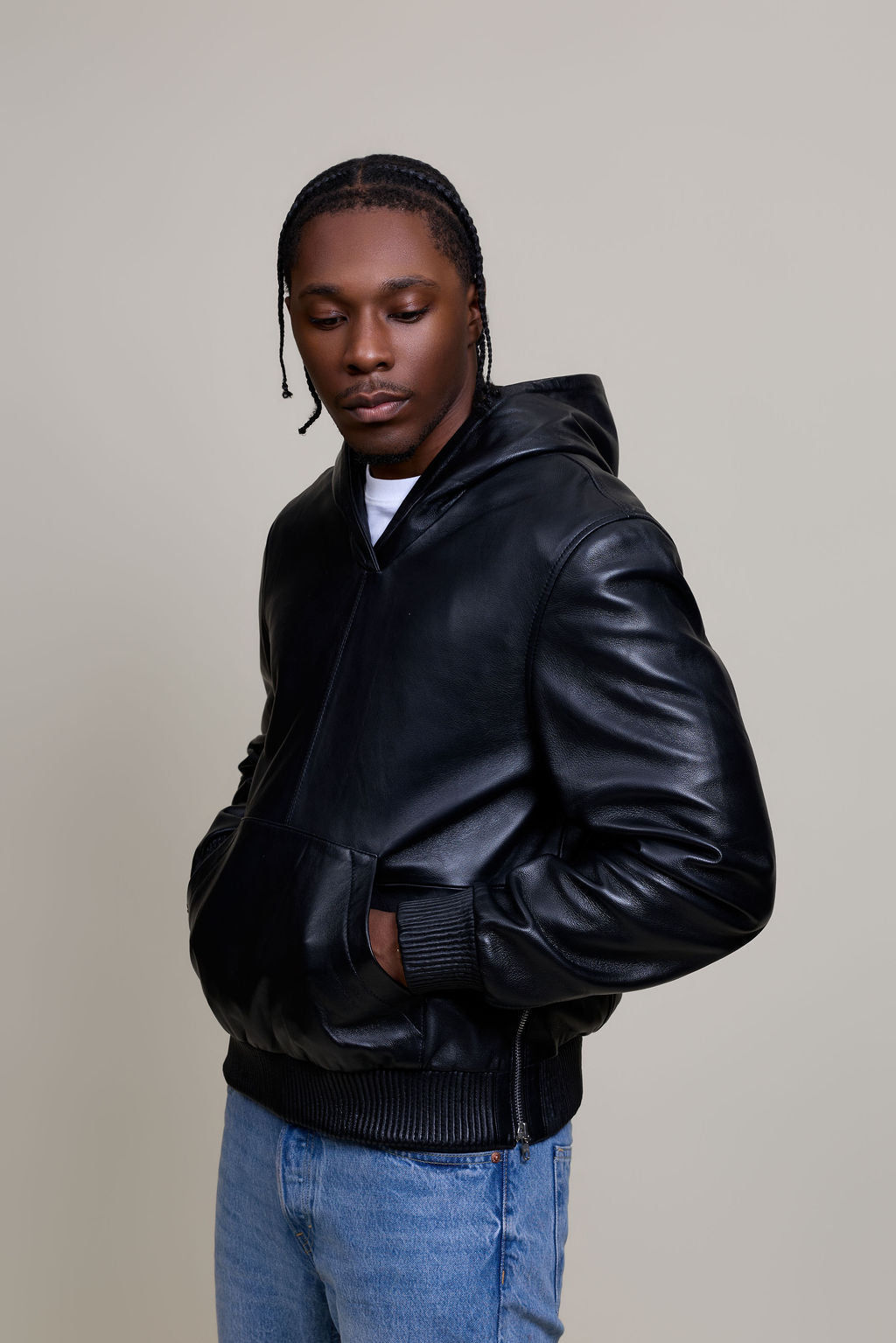 Men's Leather Pull-Over Hoodie [Black]