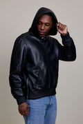 Men's Leather Pull-Over Hoodie [Black]