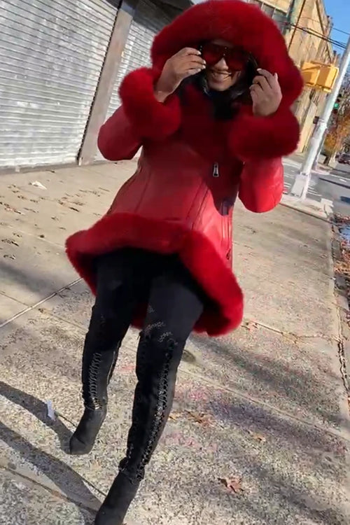 Women's Amber Shearling Sheepskin Jacket With Fox [Red]