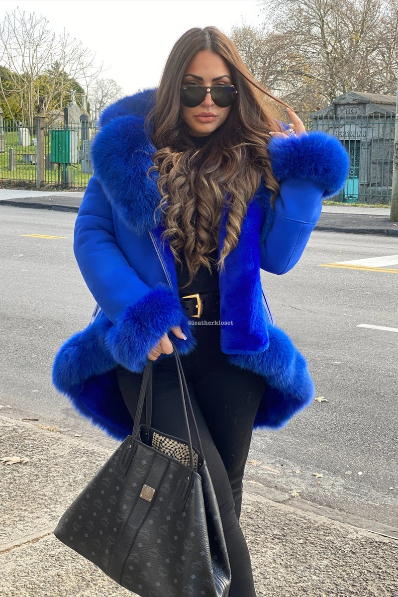 Women's Amber Shearling Sheepskin Jacket With Fox [Royal]