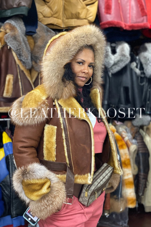 Women's Angela Real Sheepskin Biker Jacket With Fox
