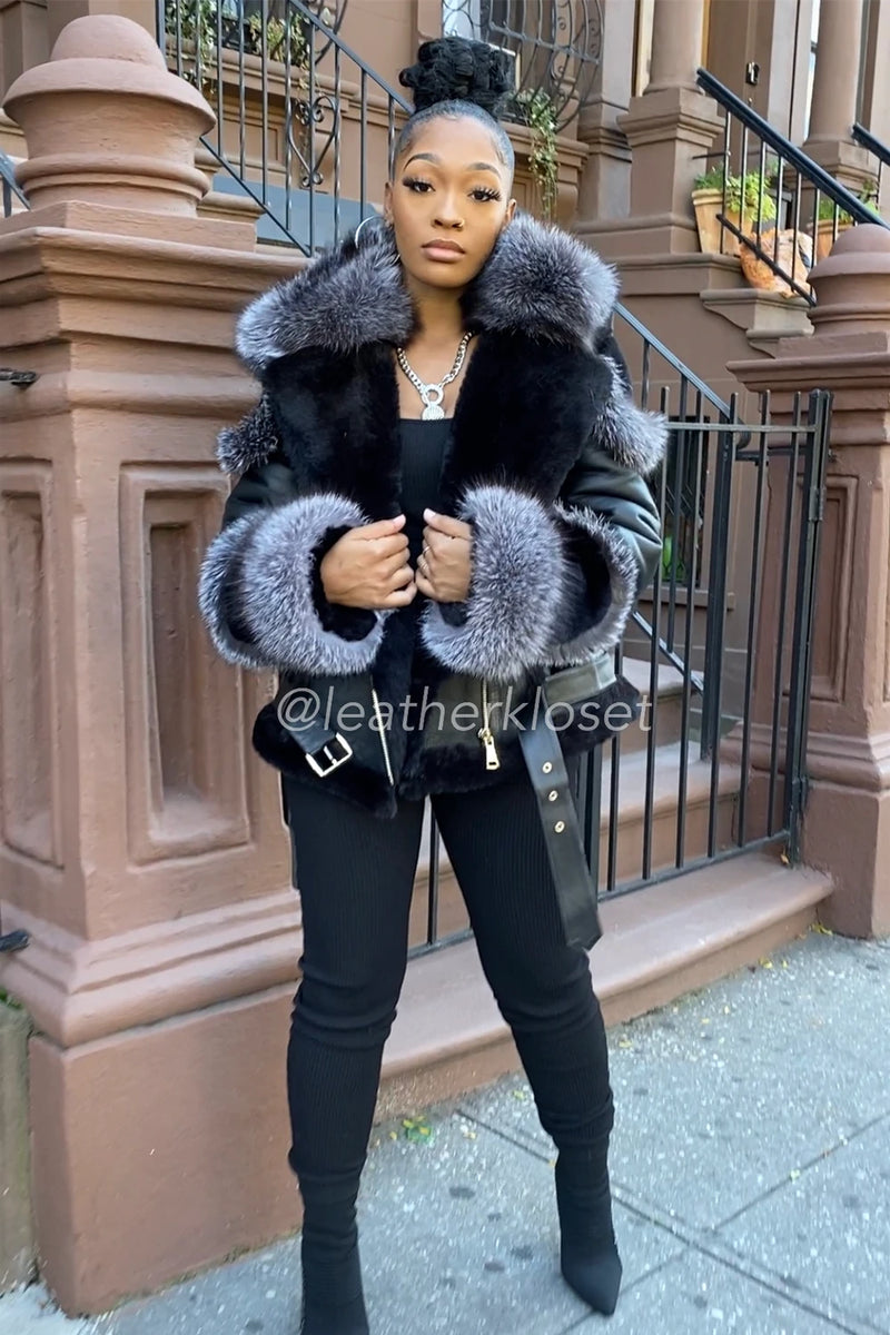 Women's Angela Real Sheepskin Biker Jacket With Fox
