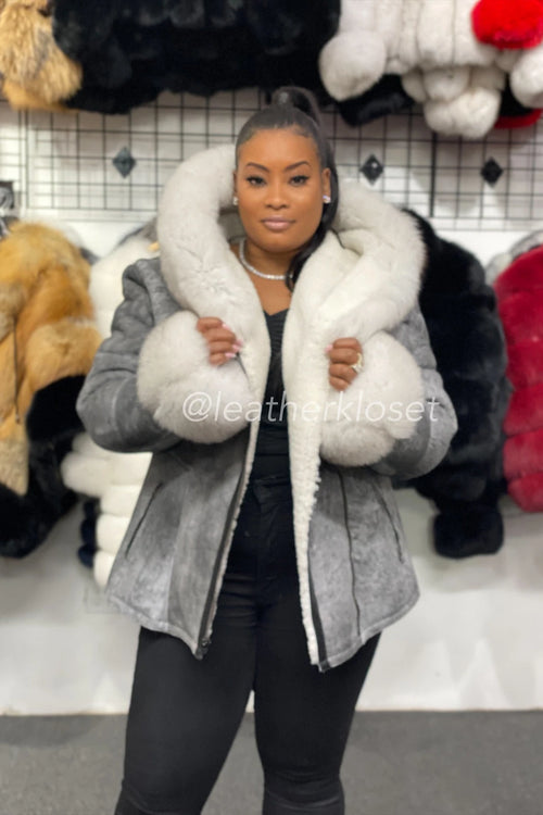 Women's Anna Real Sheepskin Jacket With Fox [Grey]