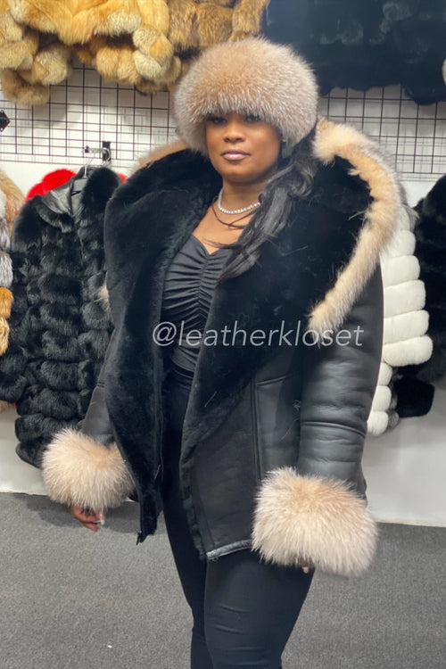 Women's Anna Real Sheepskin Jacket With Fox With Headband