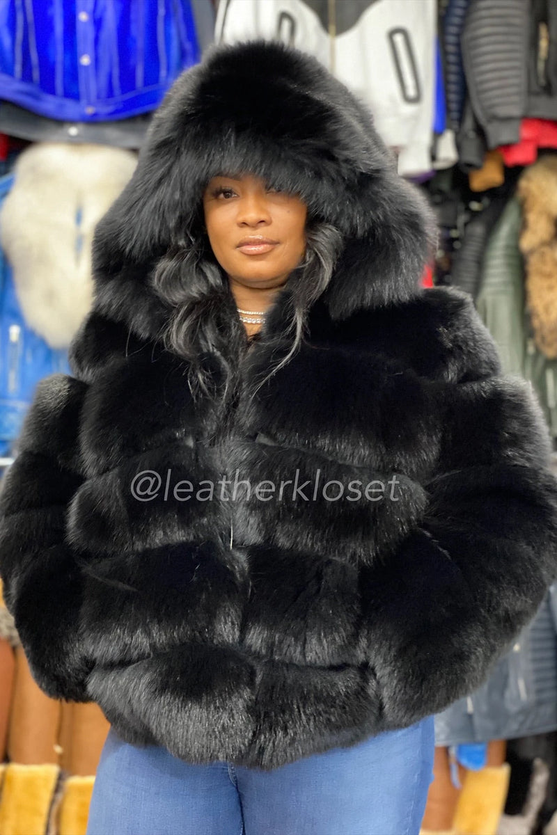 Women's Ava Fox Bomber Jacket With Hood [Black]