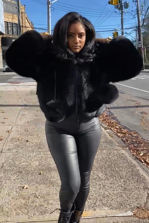 Women's Bella Fox Fur Bomber With Hood [Black]