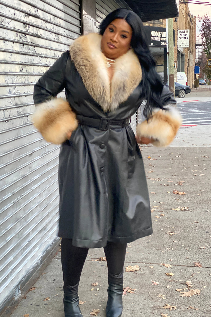 Women's Black Leather Trench With Full Fox Fur [Gold Fox]