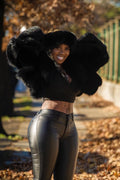 Women's Charlotte Crop Fox Bomber With Headband  [Black]