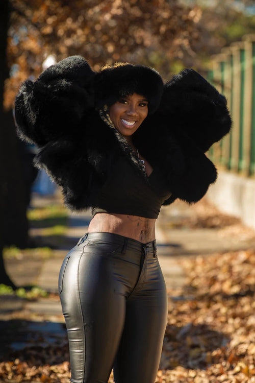 Women's Charlotte Crop Fox Bomber With Headband  [Black]
