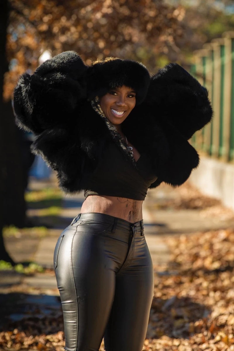 Women's Charlotte Crop Fox Bomber With Headband  [Black]