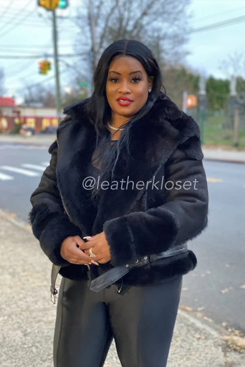 Women's Classic Real Sheepskin Biker Jacket [Black]
