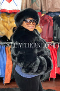 Women's Crop Fox Bomber With Headband [Black]