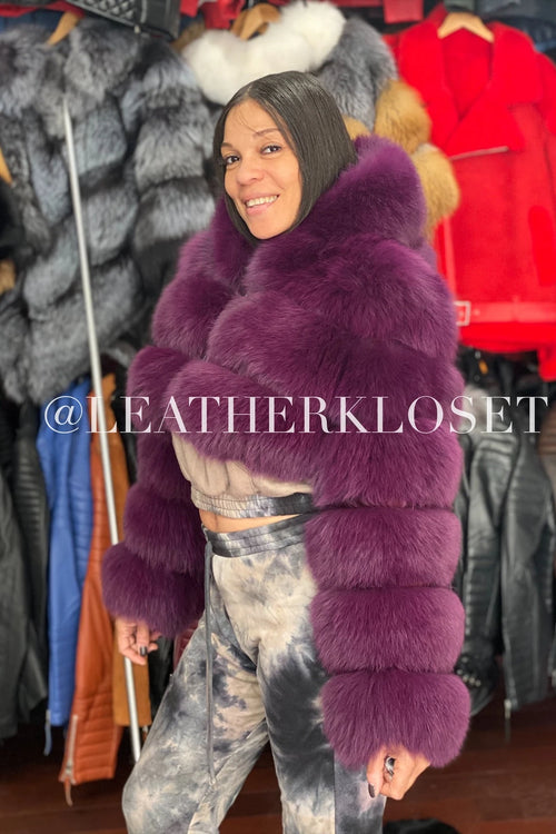 Women's Crop Fox Bomber With Hood [Purple]