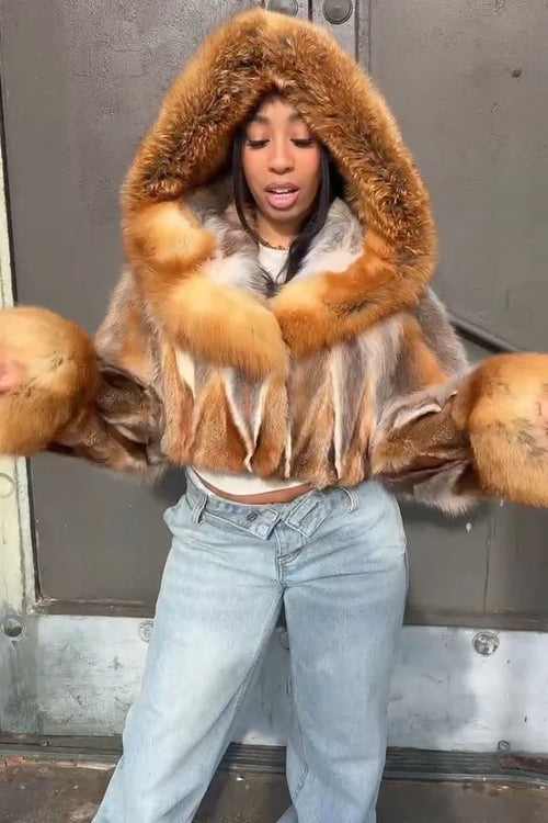 Women's Crop Fox Bomber With Hood [Red Fox]