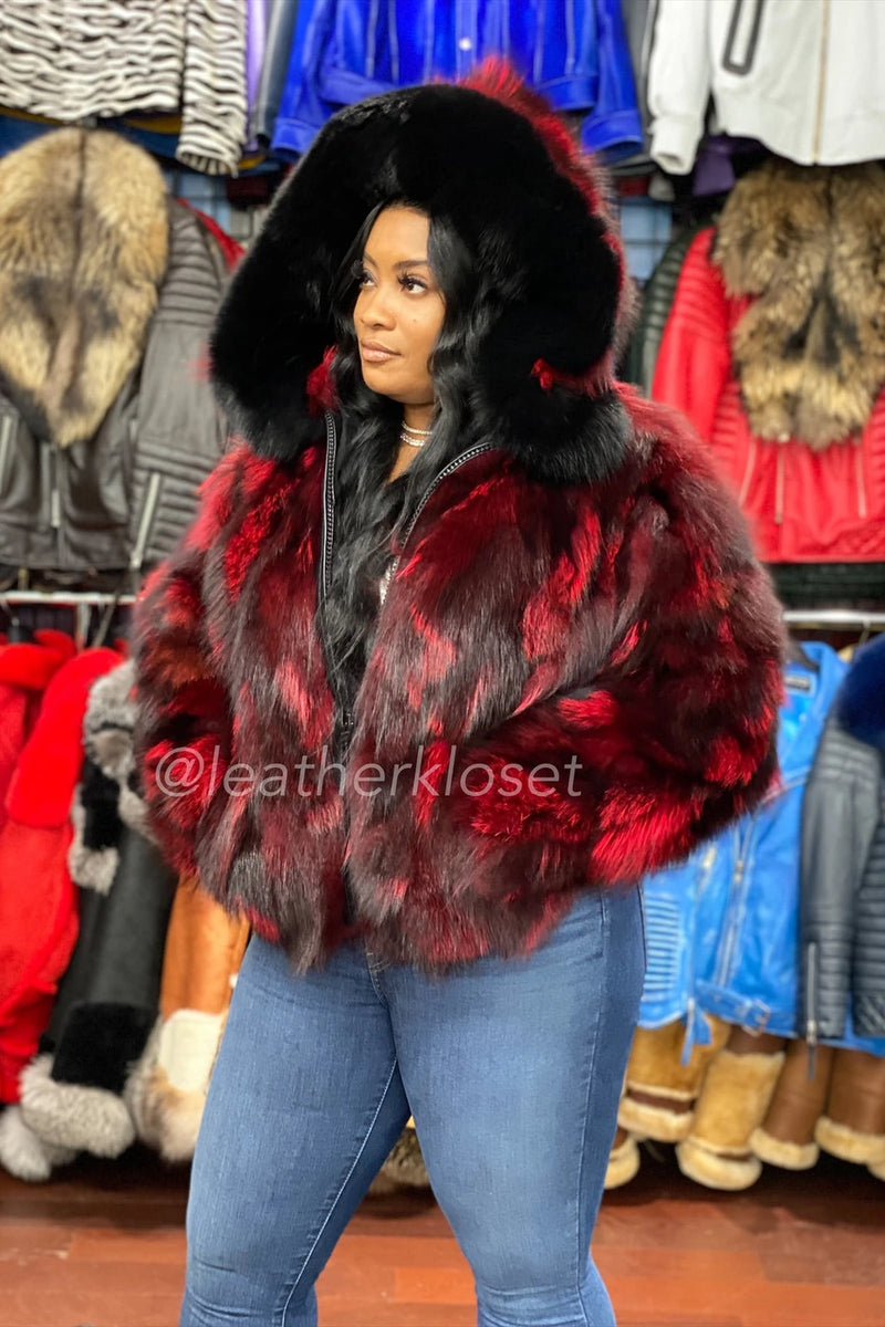 Women's Fox Fur Bomber [Black and Red]