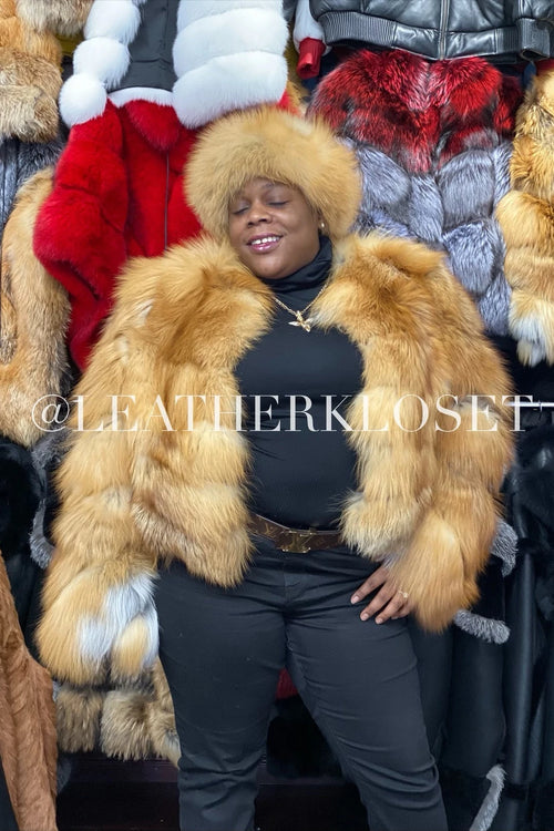 Women's Gold Fox Fur Bomber [With Headband]