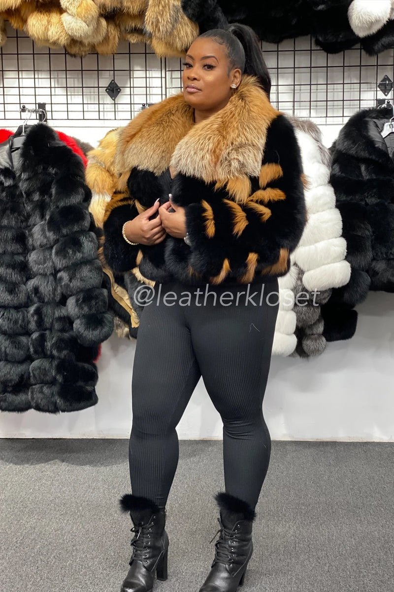Women's Halle Fox Bomber Jacket With Hood [Black and Gold]