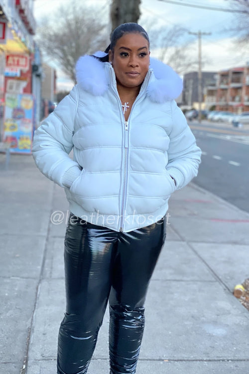 Women's Leather Snorkel Bomber Jacket Premium Fox Fur Hood