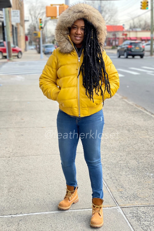 Women's Leather Snorkel Bomber Jacket Premium Raccoon
