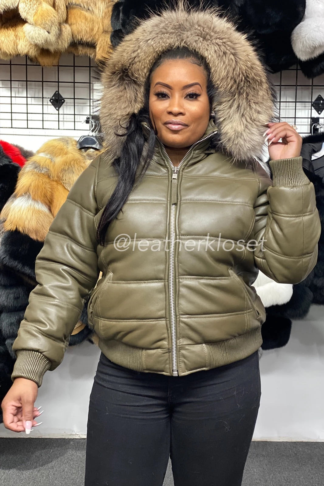 Women's Leather Snorkel Bomber Jacket Premium Racoon Fur Hood [Olive]