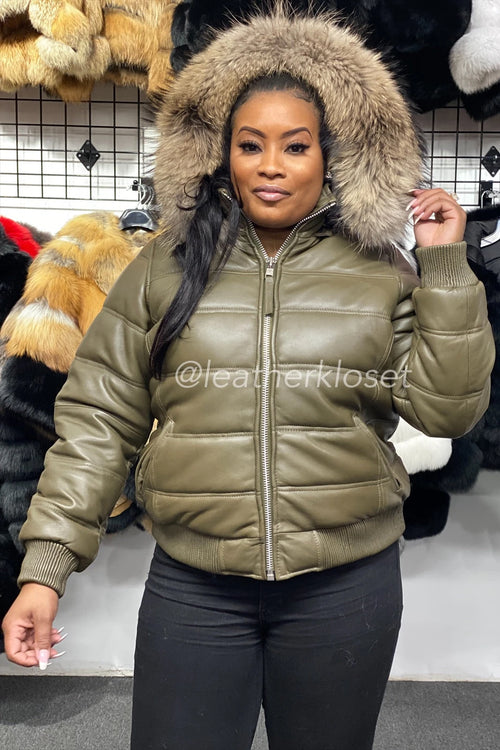 Women's Leather Snorkel Bomber Jacket Premium Racoon Fur Hood [Olive]