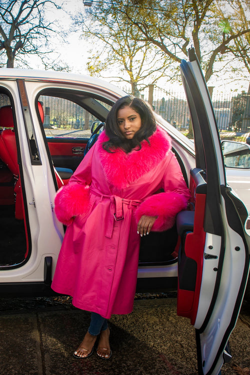 Women's Leather Trench With Full Fox Fur [Hot Pink]