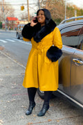 Women's Bumble Bee Leather Trench With Full Fox Fur [Yellow/Black]