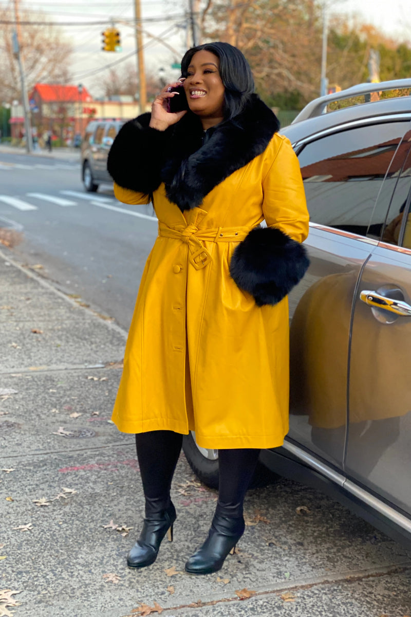 Women's Bumble Bee Leather Trench With Full Fox Fur [Yellow/Black]